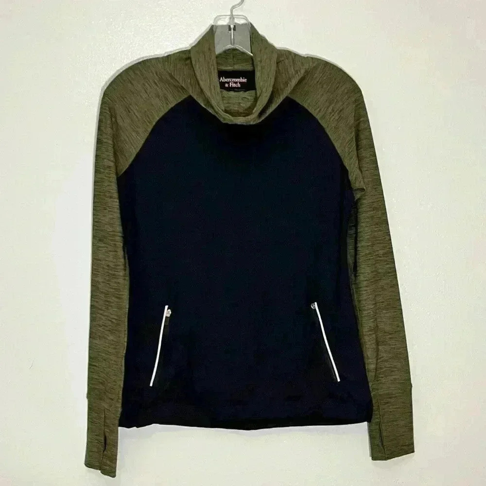 ABERCROMBIE & FITCH Black and Olive Funnel Neck Long Sleeve Top | Size XS
